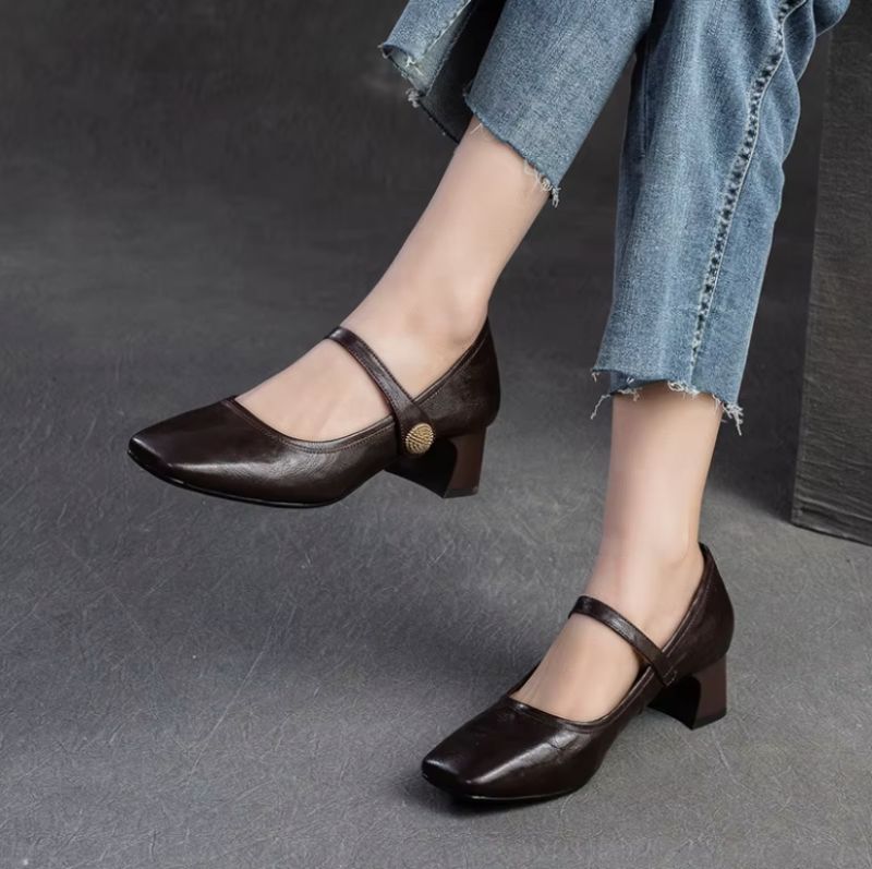Rosa Dames Vierkante Teen Leren Pumps - Bruin