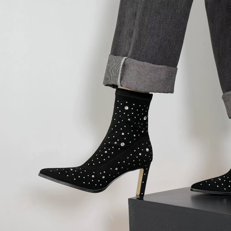 Rosaura Stretch Enkellaarsjes Voor Dames Met Strass - Zwart