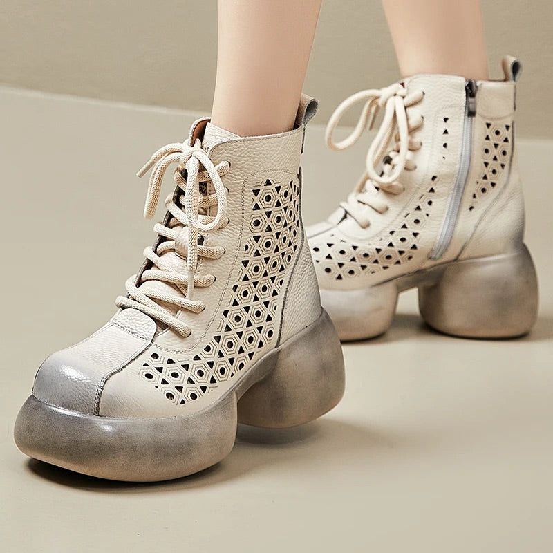 Rosmy Dames Platform Enkellaarsjes - Beige