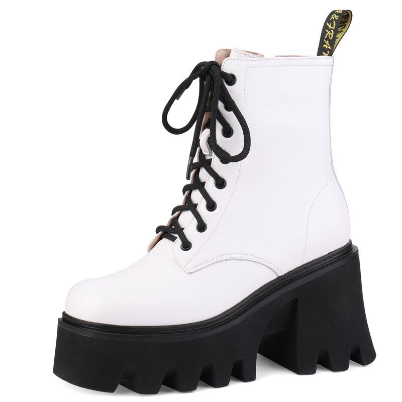 Rouco Dames Leren Platform Laarzen - Wit Zonder bont