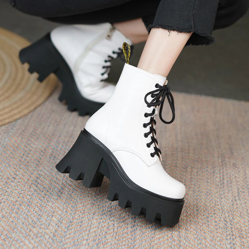 Rouco Dames Leren Platform Laarzen - Wit Zonder bont
