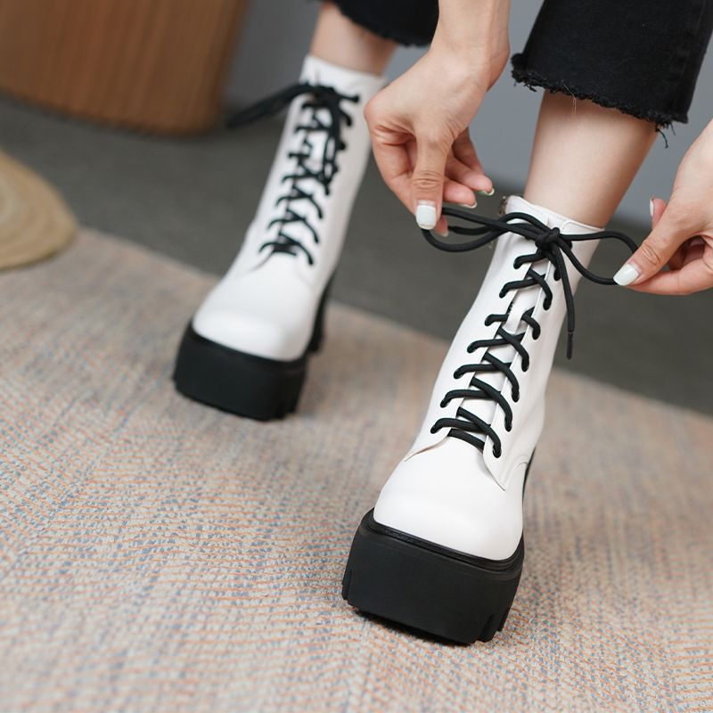 Rouco Dames Leren Platform Laarzen - Wit Zonder bont