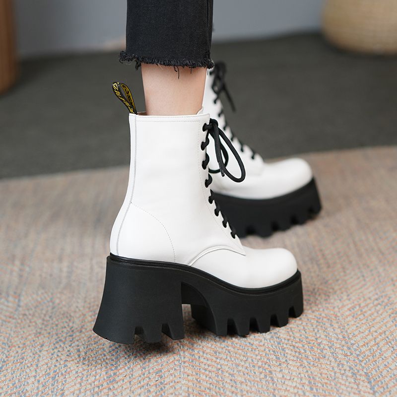 Rouco Dames Leren Platform Laarzen - Wit Zonder bont