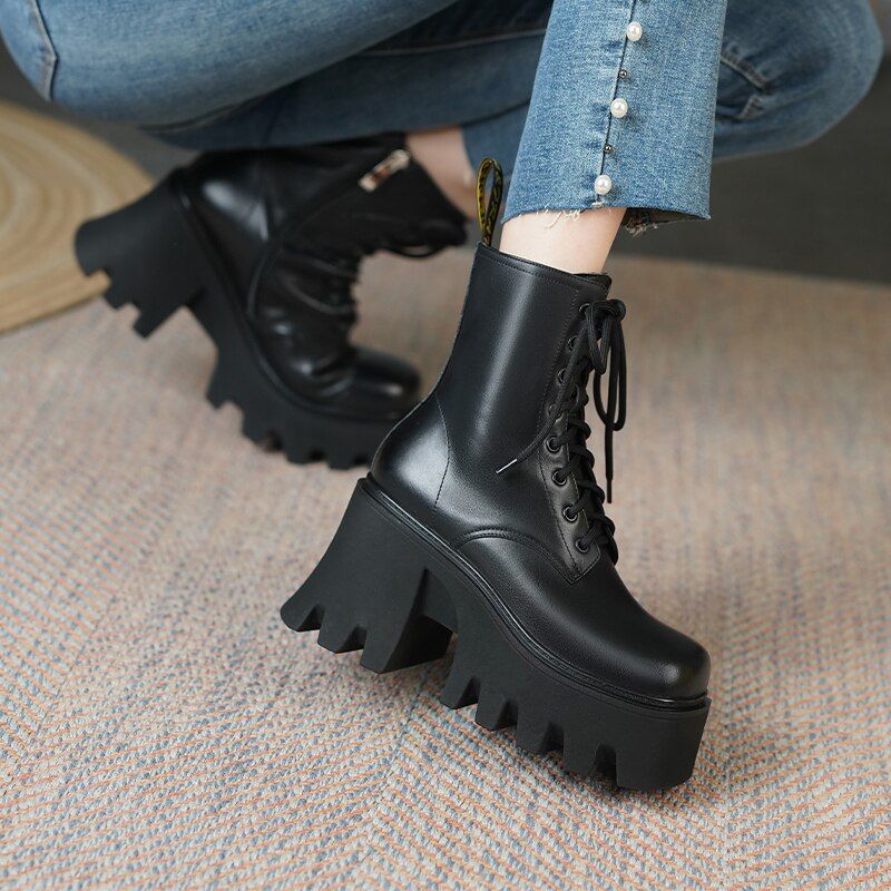 Rouco Dames Leren Platform Laarzen - Wit Zonder bont