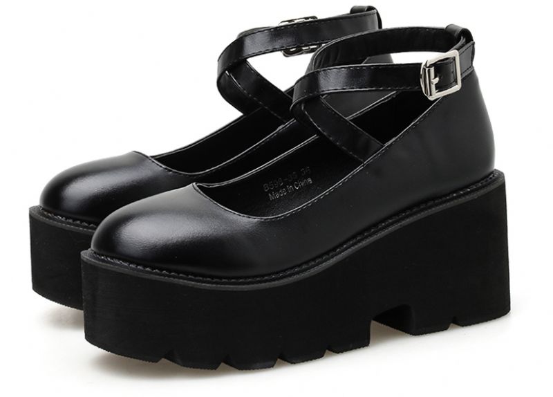 Rubiela Dames Enkelband Leren Platform Schoenen - Zwart
