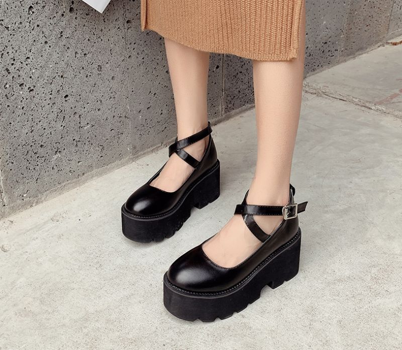 Rubiela Dames Enkelband Leren Platform Schoenen - Zwart