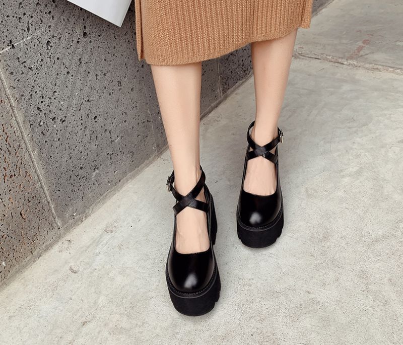 Rubiela Dames Enkelband Leren Platform Schoenen - Zwart