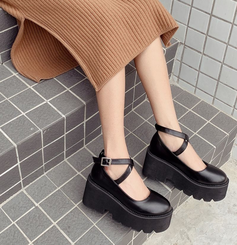 Rubiela Dames Enkelband Leren Platform Schoenen - Zwart