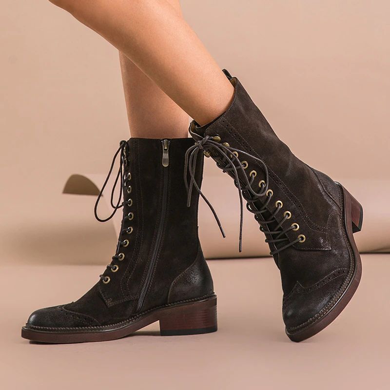 Rugna Herfst En Winter Goede Kwaliteit Suède Leren Mid-calf Laarzen Voor Dames - Bruin