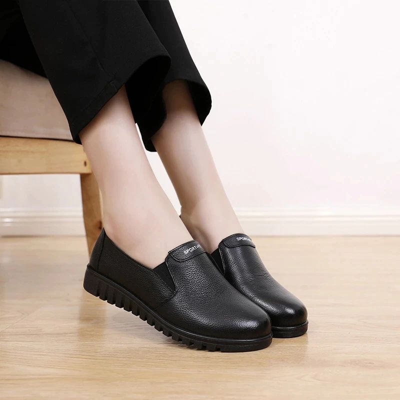 Salome Dames Comfortabele Leren Platte Loafer Schoenen - Zwart