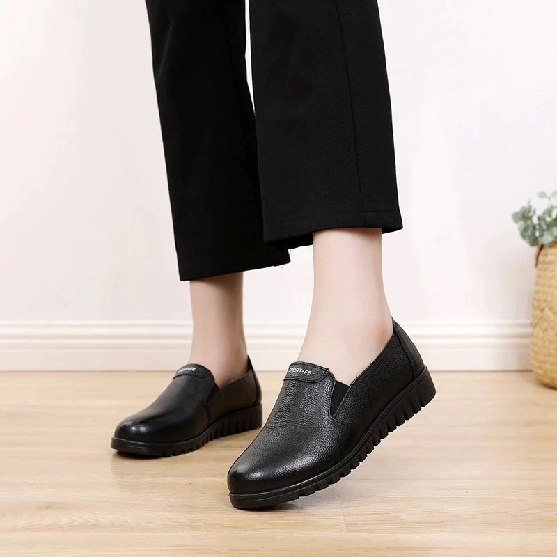 Salome Dames Comfortabele Leren Platte Loafer Schoenen - Zwart
