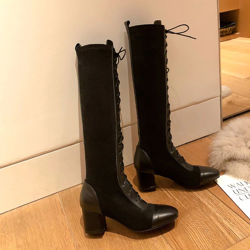 Santy Dames Leren Kniehoge Laarzen - Zwart Fluweel