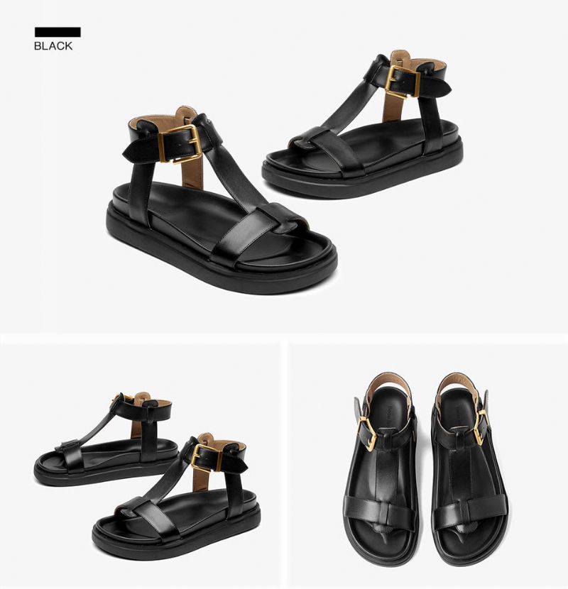 Sara Dames T-strap Leren Sandaal - Zwart