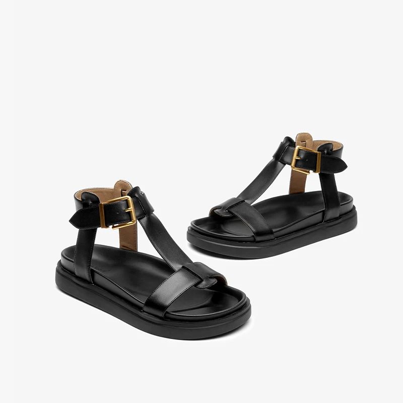 Sara Dames T-strap Leren Sandaal - Zwart