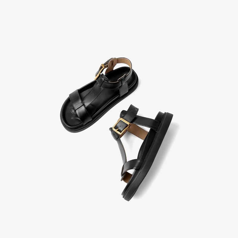Sara Dames T-strap Leren Sandaal - Zwart