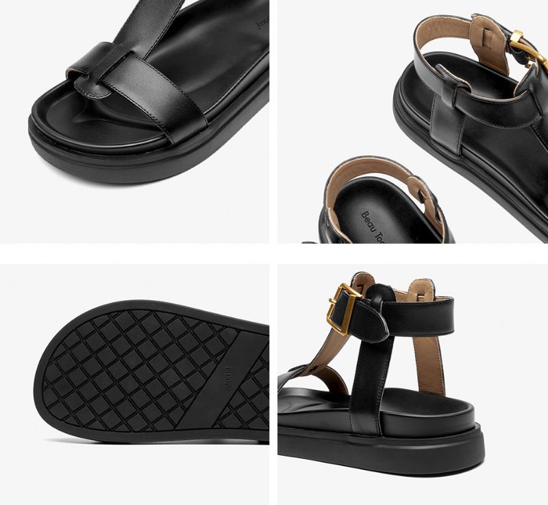 Sara Dames T-strap Leren Sandaal - Zwart