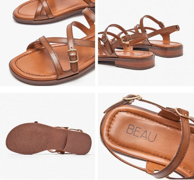Shantal Dames Echte Leren Cross Strap Sandalen - Bruin