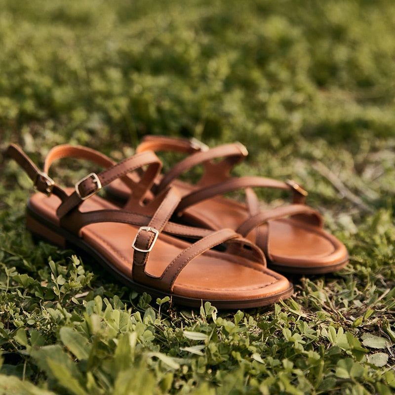 Shantal Dames Echte Leren Cross Strap Sandalen - Bruin