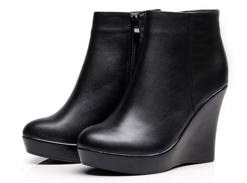 Shanty Dames Wedge Leren Enkellaarsjes - Zwart Lang Pluche