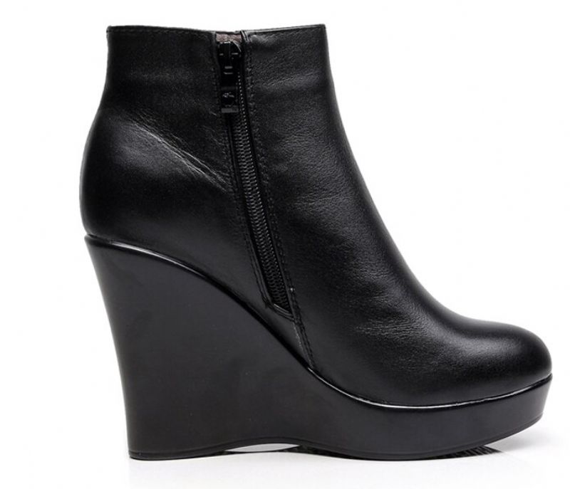 Shanty Dames Wedge Leren Enkellaarsjes - Zwart Lang Pluche