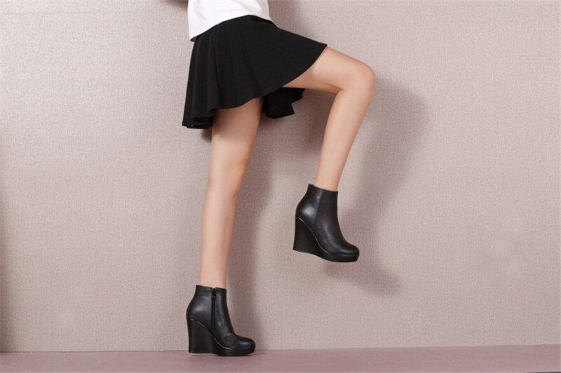 Shanty Dames Wedge Leren Enkellaarsjes - Zwart Lang Pluche