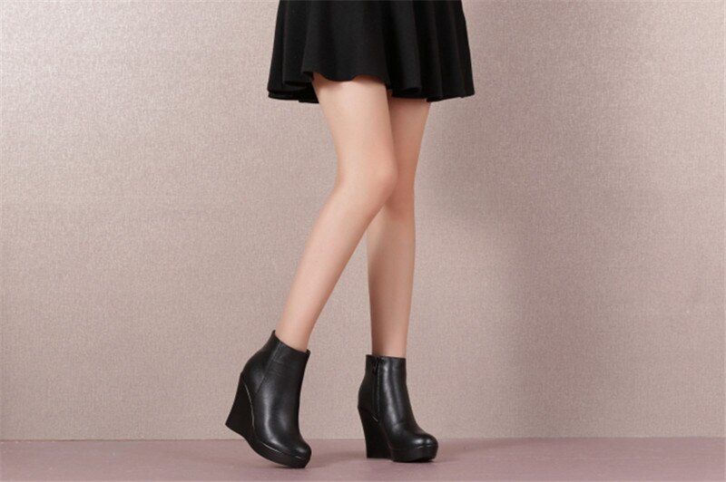 Shanty Dames Wedge Leren Enkellaarsjes - Zwart Lang Pluche