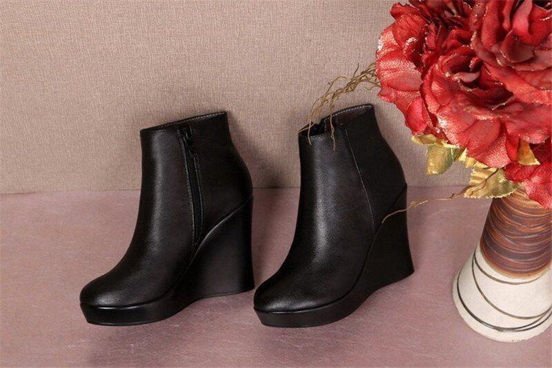 Shanty Dames Wedge Leren Enkellaarsjes - Zwart Lang Pluche