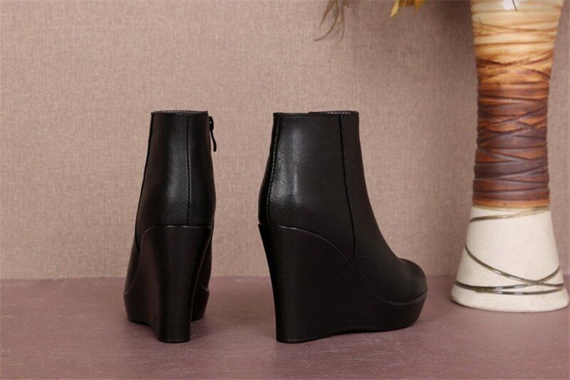 Shanty Dames Wedge Leren Enkellaarsjes - Zwart Lang Pluche