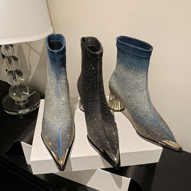 Showly Dames Luxe Strass Puntige Toe Laarzen - Blauw
