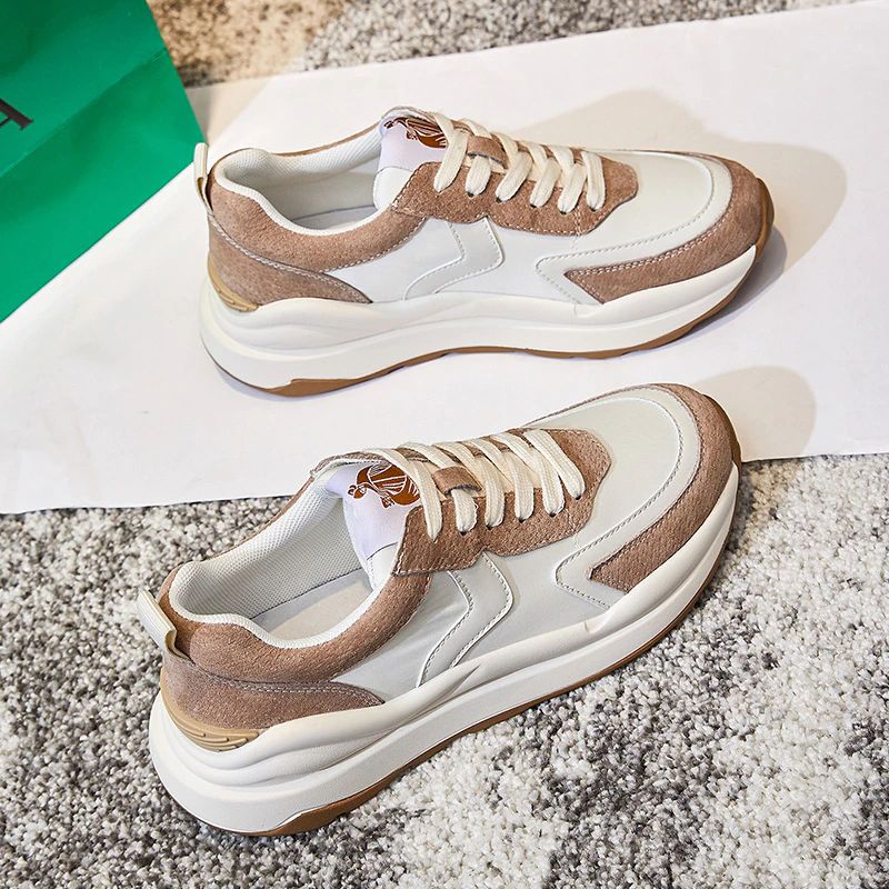 Stefany Dames Platte Leren Veter Sneaker - Abrikoos
