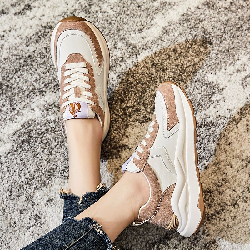 Stefany Dames Platte Leren Veter Sneaker - Abrikoos