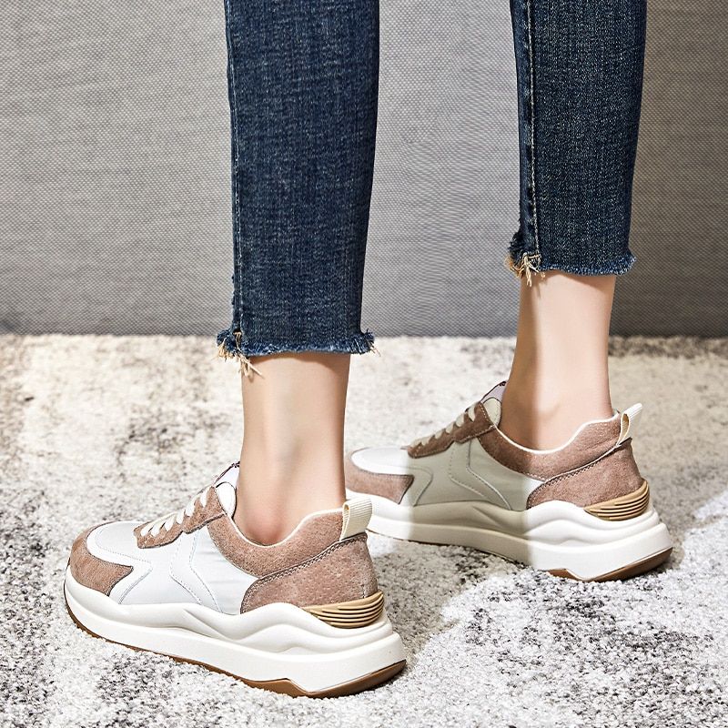 Stefany Dames Platte Leren Veter Sneaker - Abrikoos