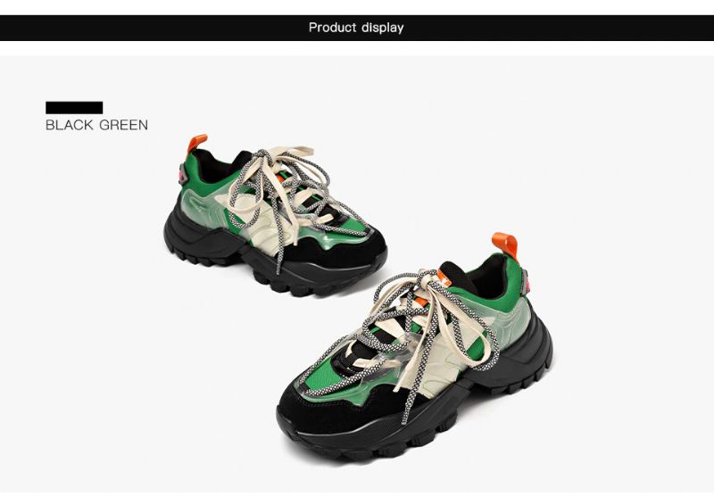Steff Dames Platform Leren Sneakers Schoenen - Zwart Groen