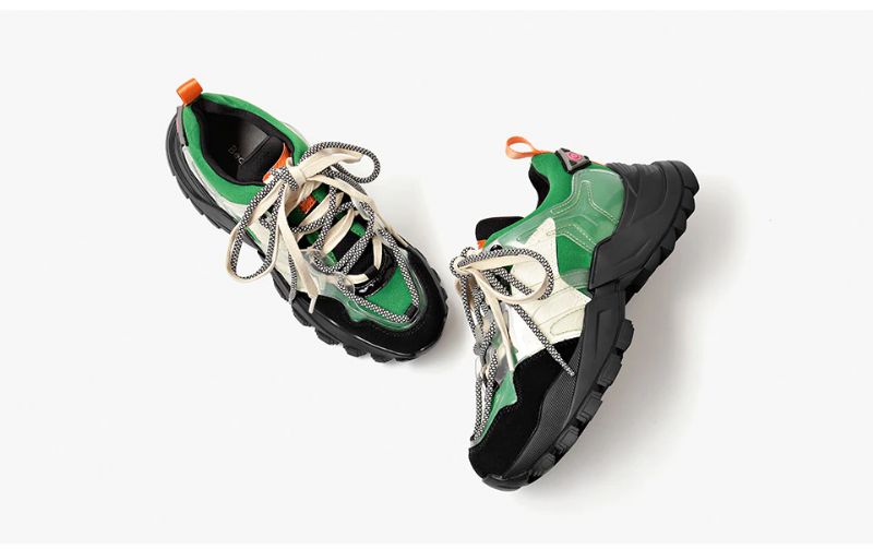 Steff Dames Platform Leren Sneakers Schoenen - Zwart Groen