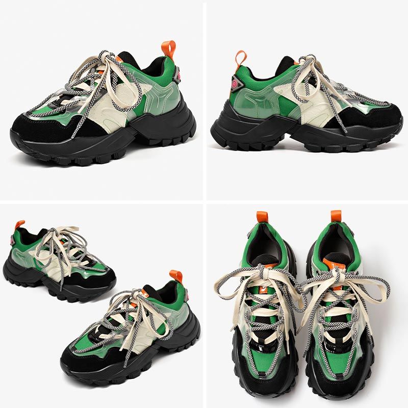 Steff Dames Platform Leren Sneakers Schoenen - Zwart Groen
