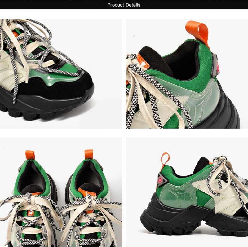 Steff Dames Platform Leren Sneakers Schoenen - Zwart Groen
