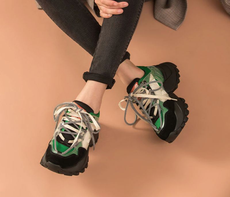 Steff Dames Platform Leren Sneakers Schoenen - Zwart Groen