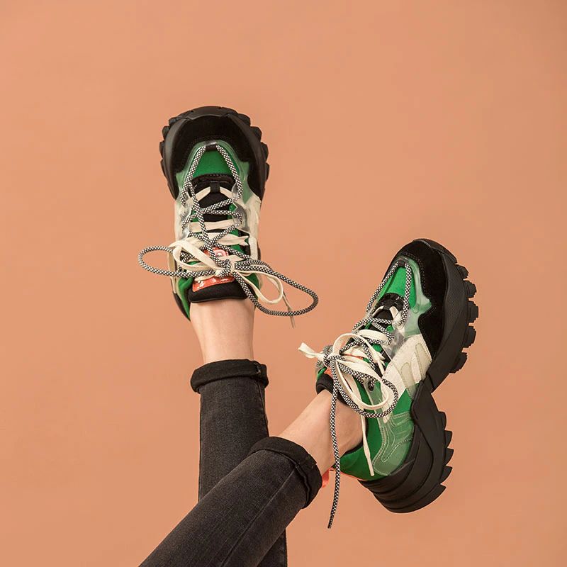 Steff Dames Platform Leren Sneakers Schoenen - Zwart Groen