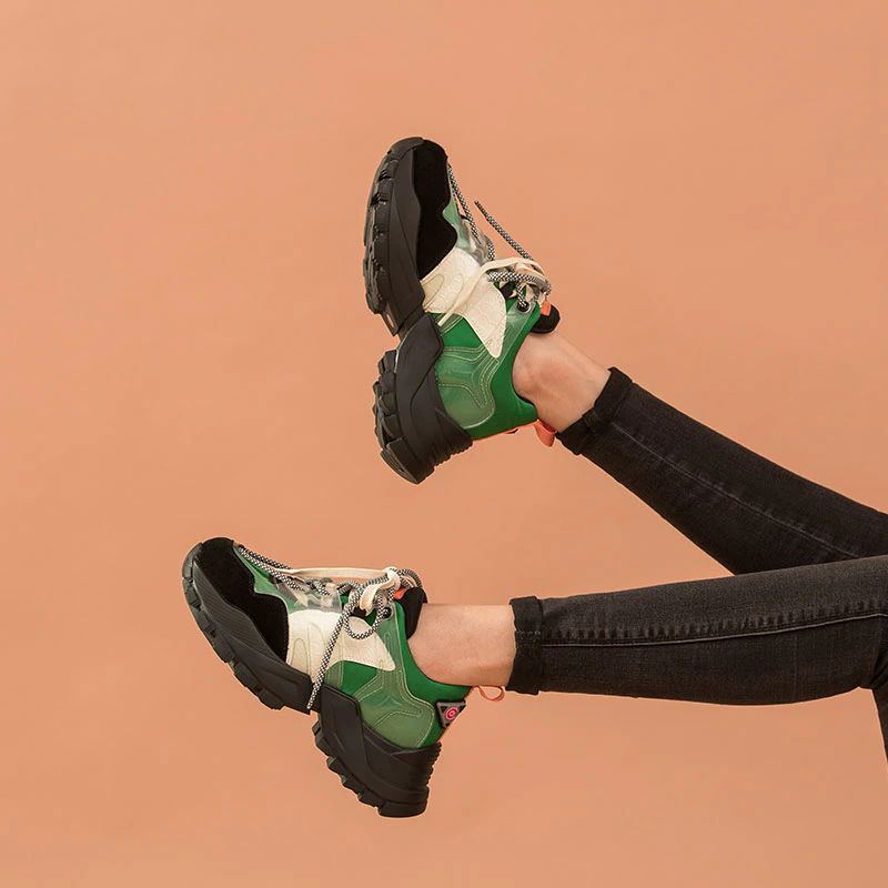 Steff Dames Platform Leren Sneakers Schoenen - Zwart Groen