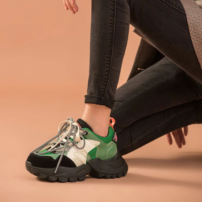 Steff Dames Platform Leren Sneakers Schoenen - Zwart Groen