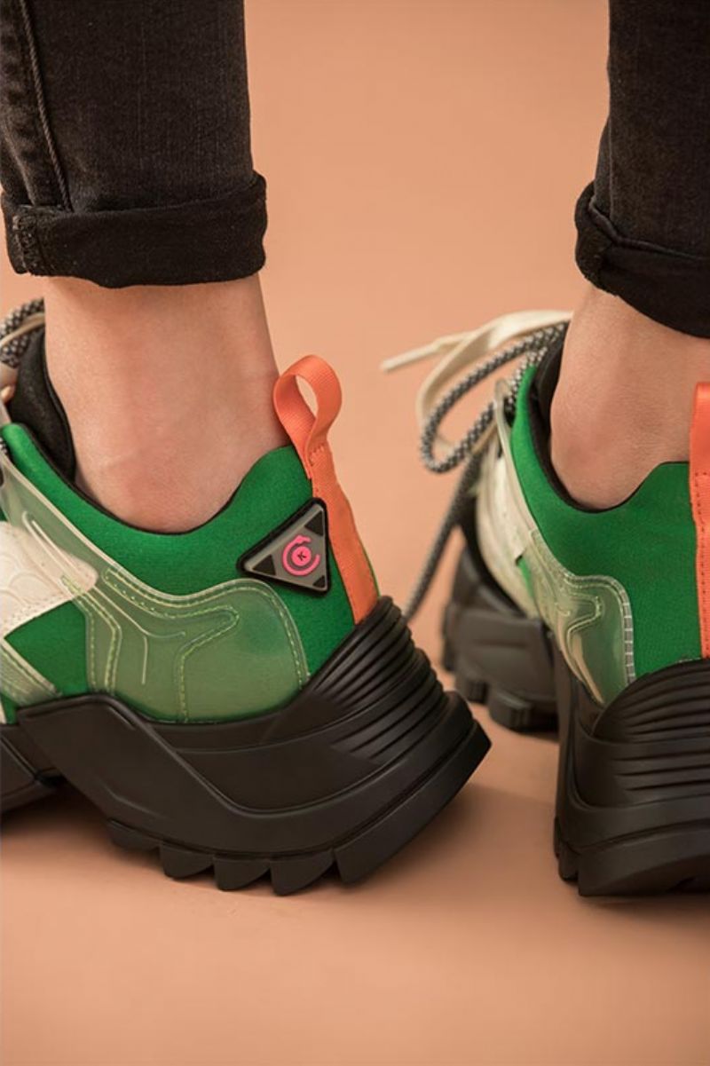 Steff Dames Platform Leren Sneakers Schoenen - Zwart Groen