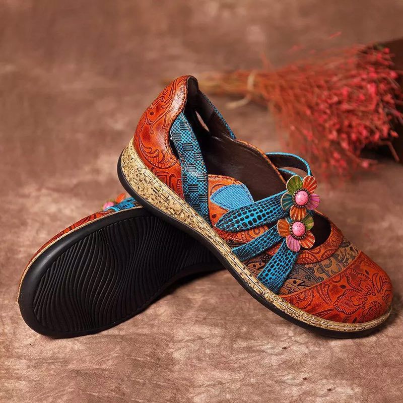 Sther Dames Bloemenleren Platte Schoenen - Rood
