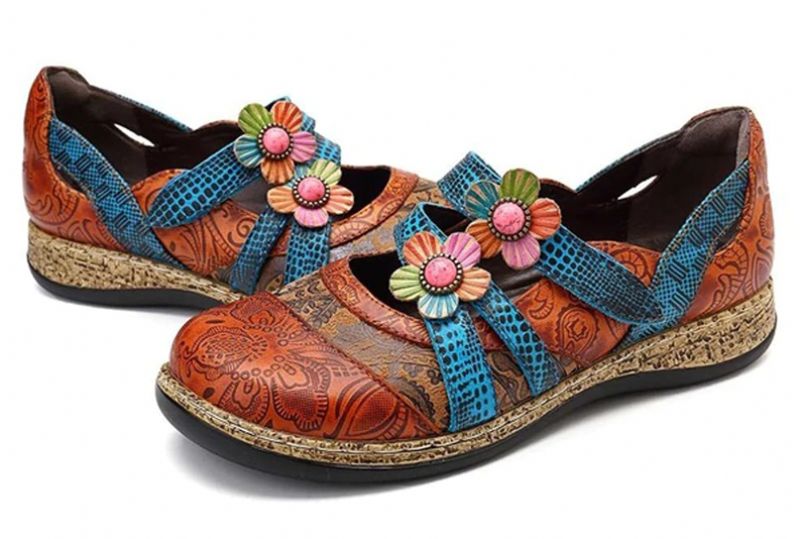 Sther Dames Bloemenleren Platte Schoenen - Rood