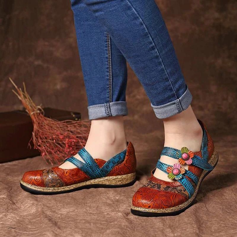 Sther Dames Bloemenleren Platte Schoenen - Rood