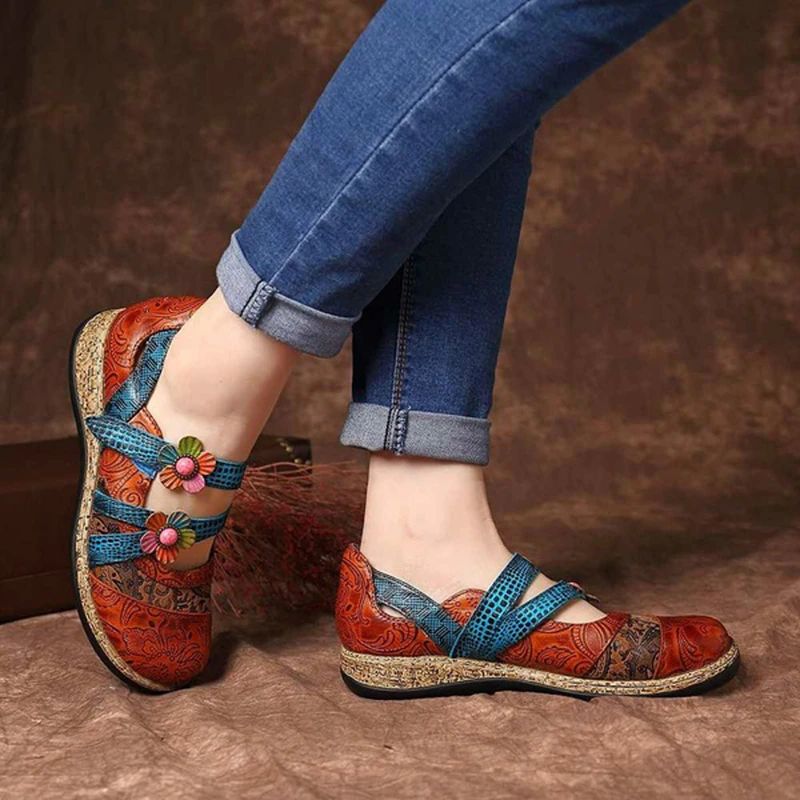 Sther Dames Bloemenleren Platte Schoenen - Rood