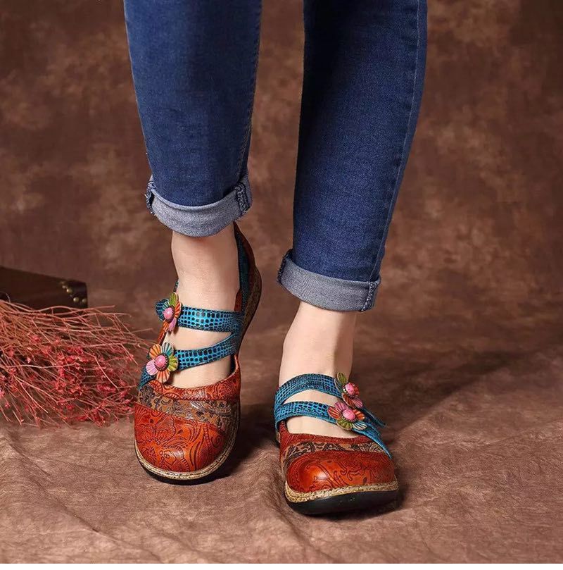 Sther Dames Bloemenleren Platte Schoenen - Rood