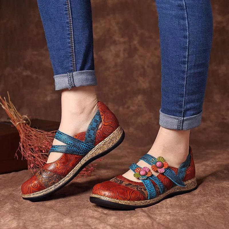 Sther Dames Bloemenleren Platte Schoenen - Rood
