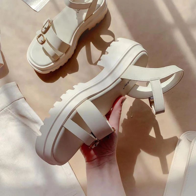 Suri Dames Leren Platform Sandaal - Beige