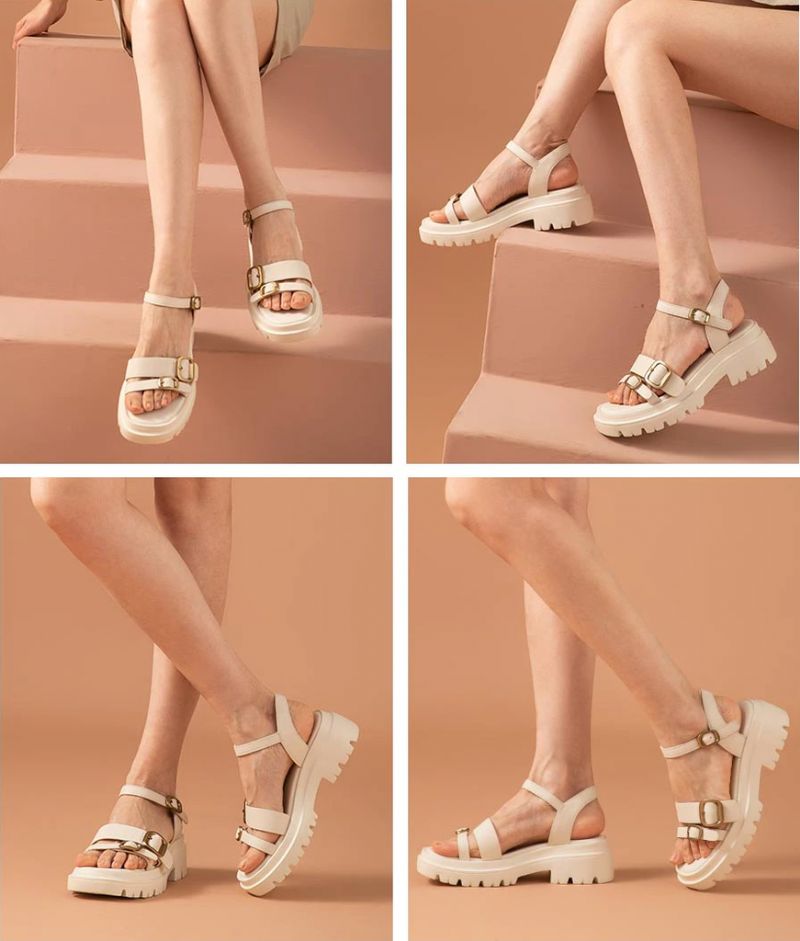 Suri Dames Leren Platform Sandaal - Beige