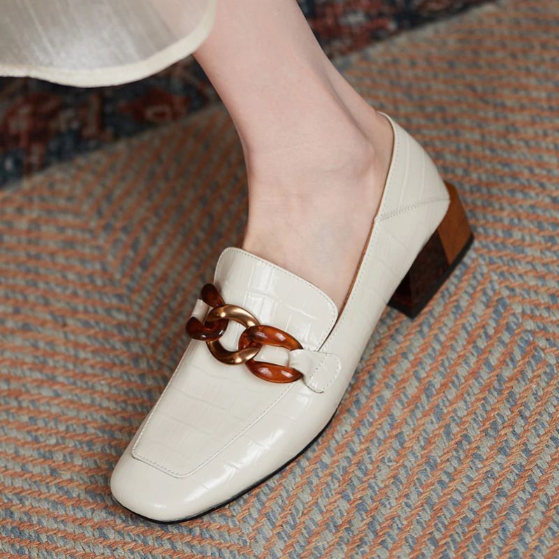 Susex Dames Chunky Hak Leren Loafer Schoenen - Beige
